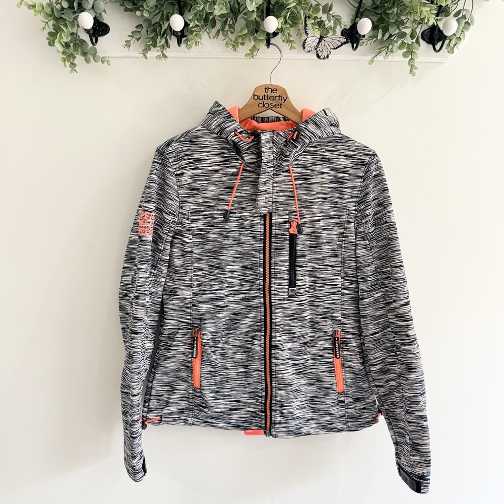 Superdry Hooded Windtrekker Jacket Black Marl Pattern Coral Accents Size S Y 493